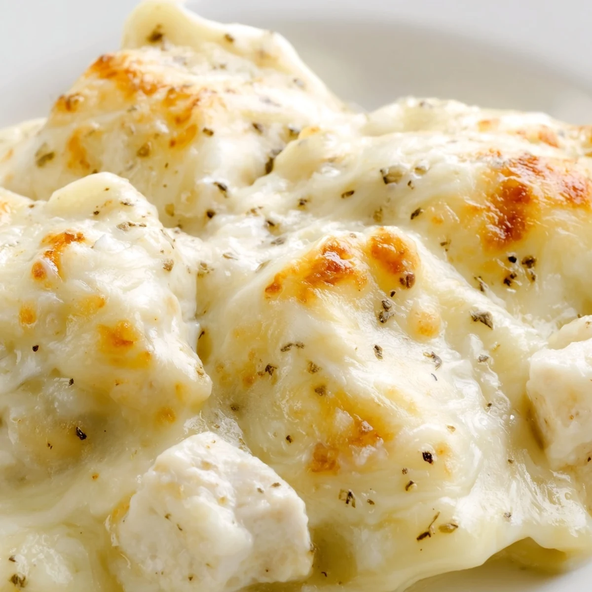 Creamy chicken Alfredo baked ravioli served in a white dish with parsley garnish