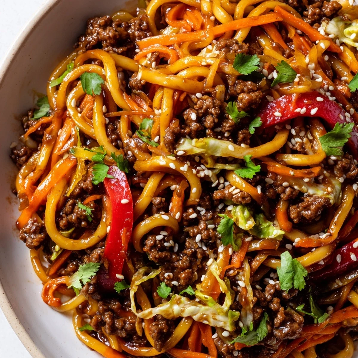 Asian Ground Beef Noodles tossed in glossy sauce with colorful crisp vegetables