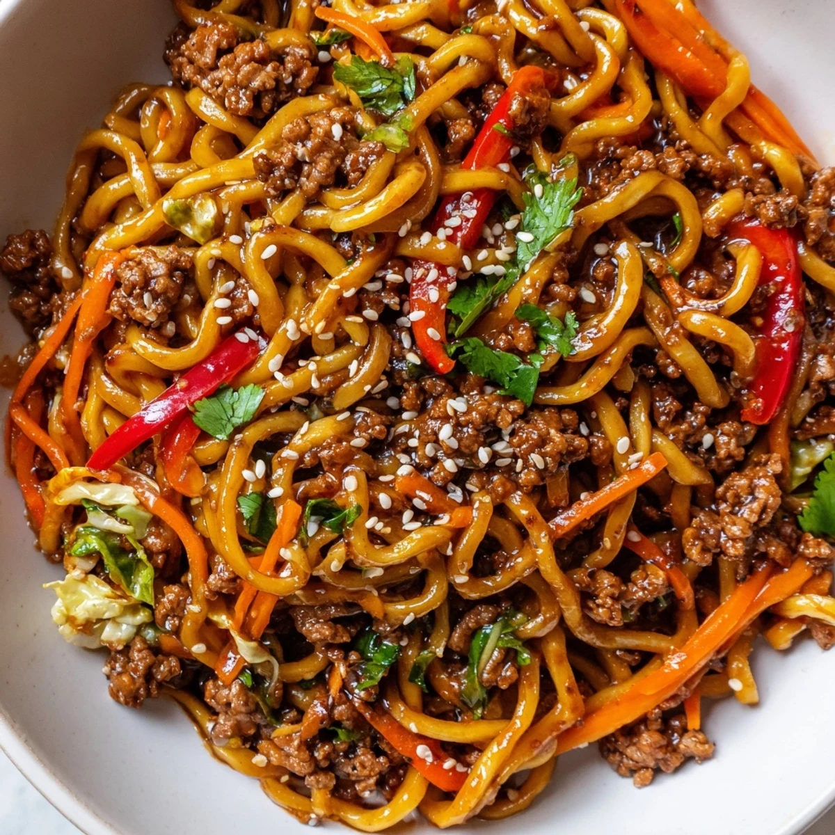 Steaming plate of Asian Ground Beef Noodles topped with sesame seeds