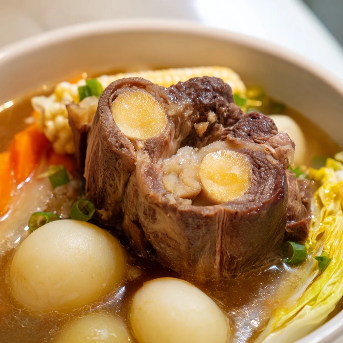 Steaming bowl of Filipino Bulalo Beef Shank Soup with tender meat and vegetables