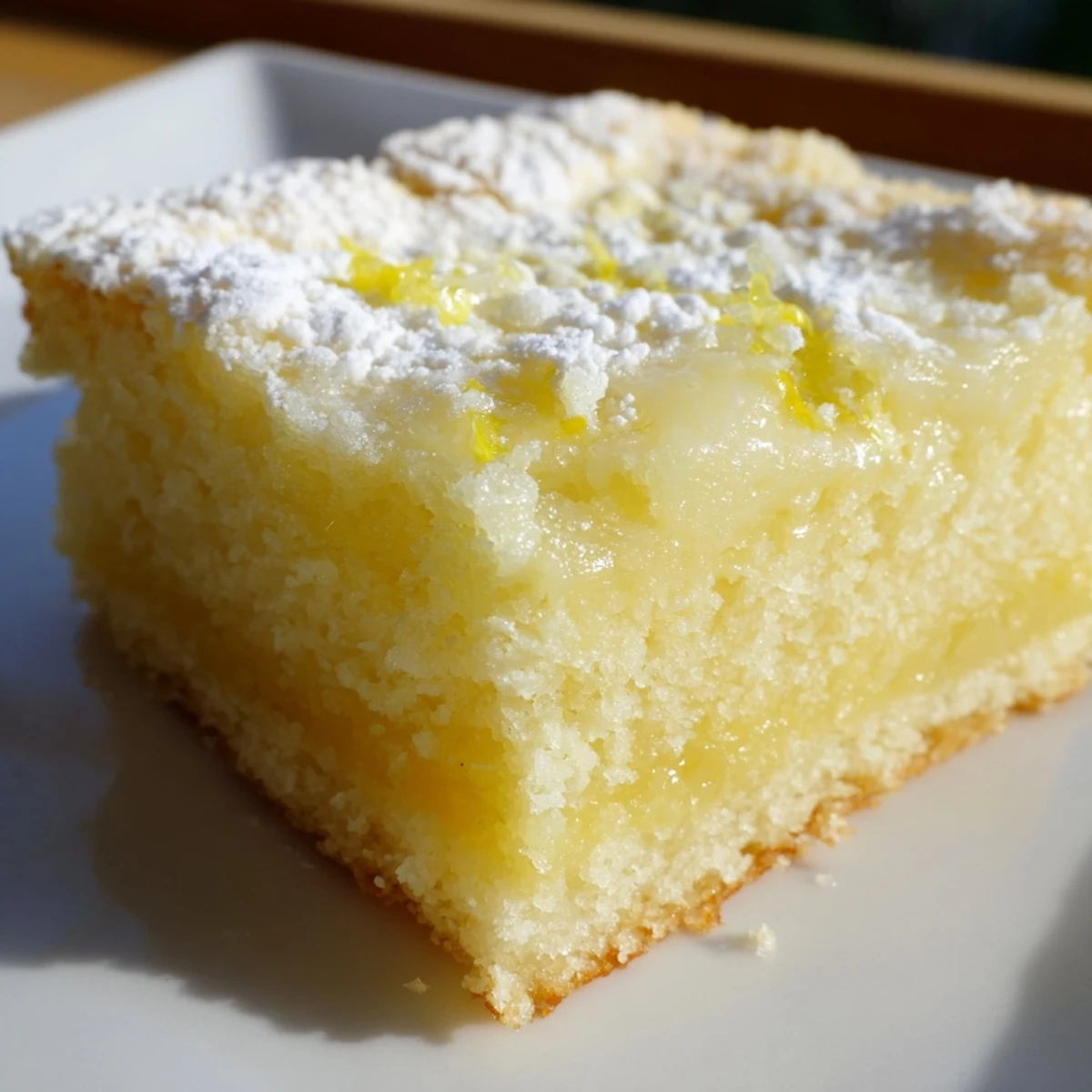 Golden Lemon Gooey Butter Cake squares dusted with powdered sugar on a rustic white serving plate