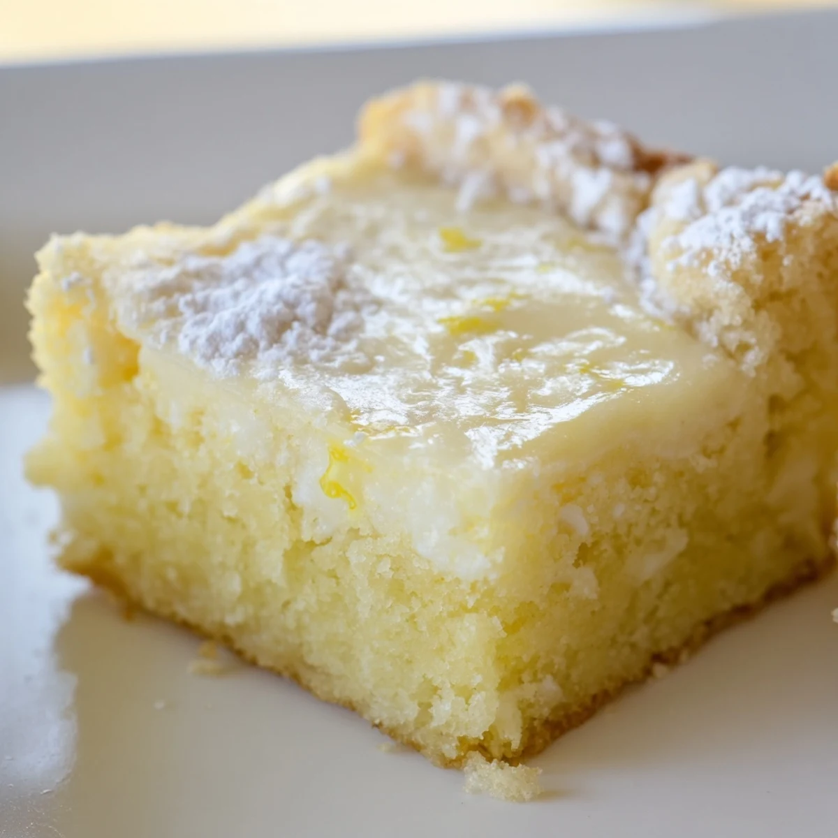Creamy Lemon Gooey Butter Cake with tangy custard filling and golden brown buttery crust edges