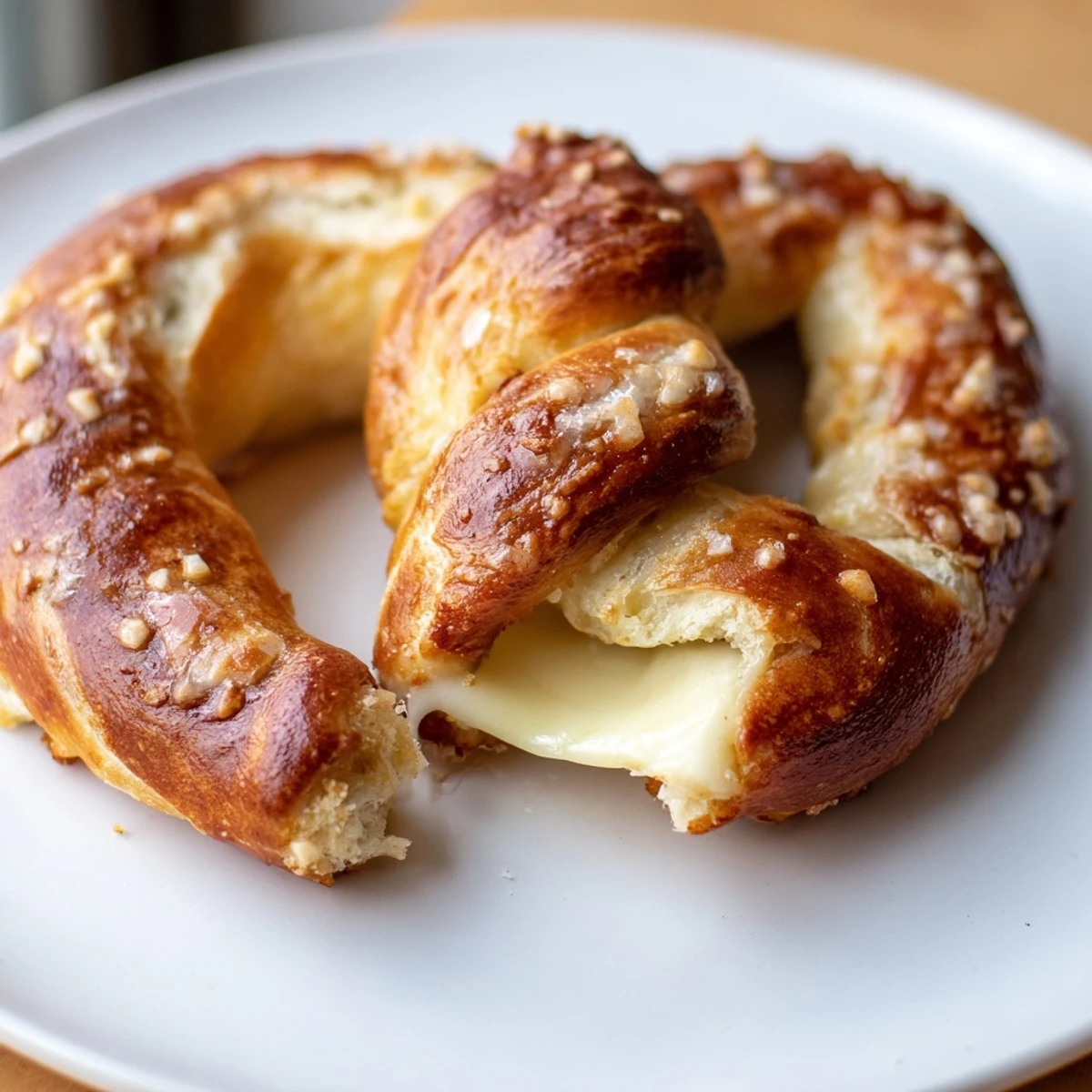 Golden mozzarella stuffed soft pretzels with melted cheese oozing from the crispy salted crust