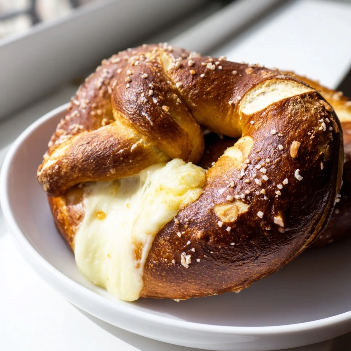 Warm mozzarella stuffed soft pretzels arranged on a wooden board with marinara dipping sauce