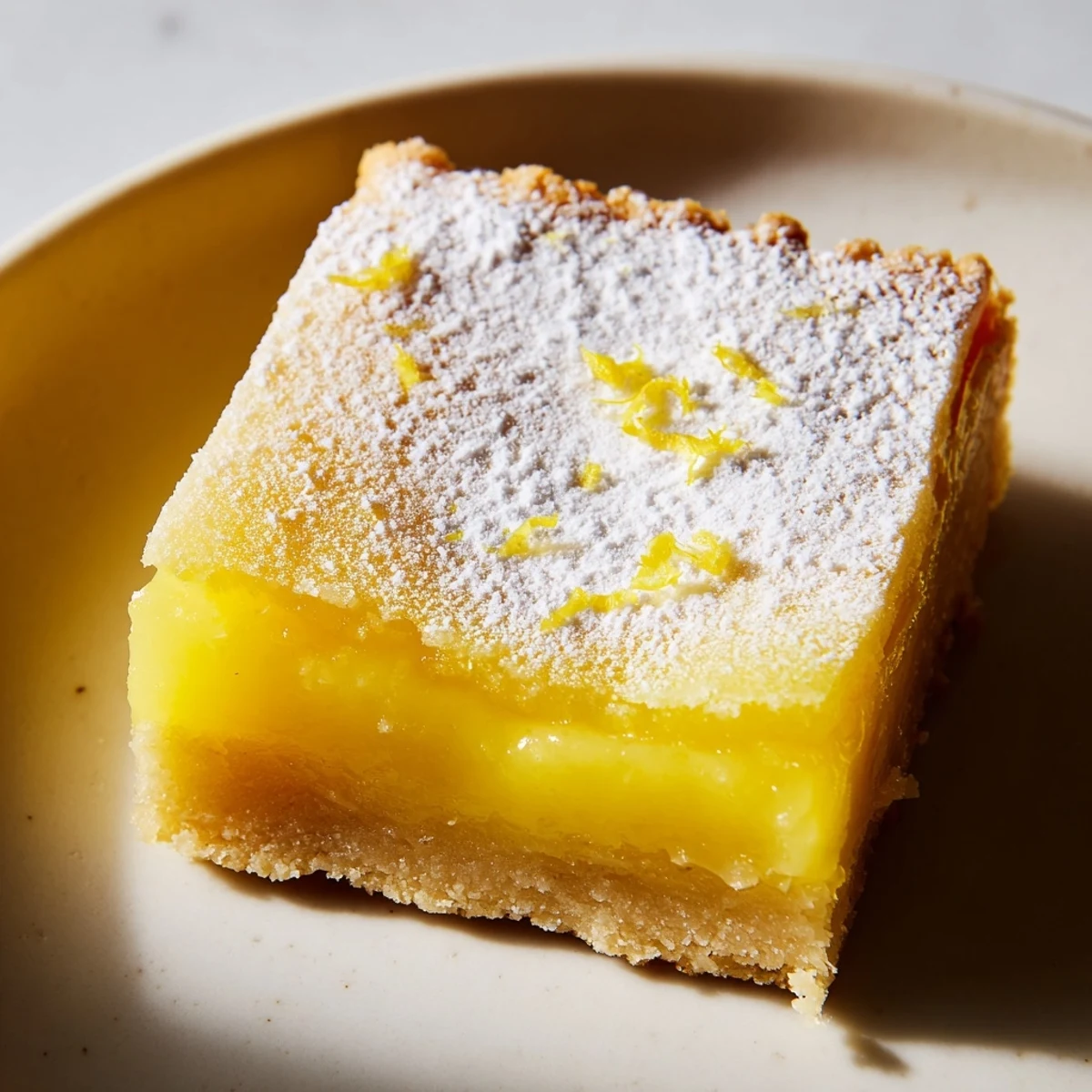 Golden lemon bars with powdered sugar dusting on a rustic wooden cutting board