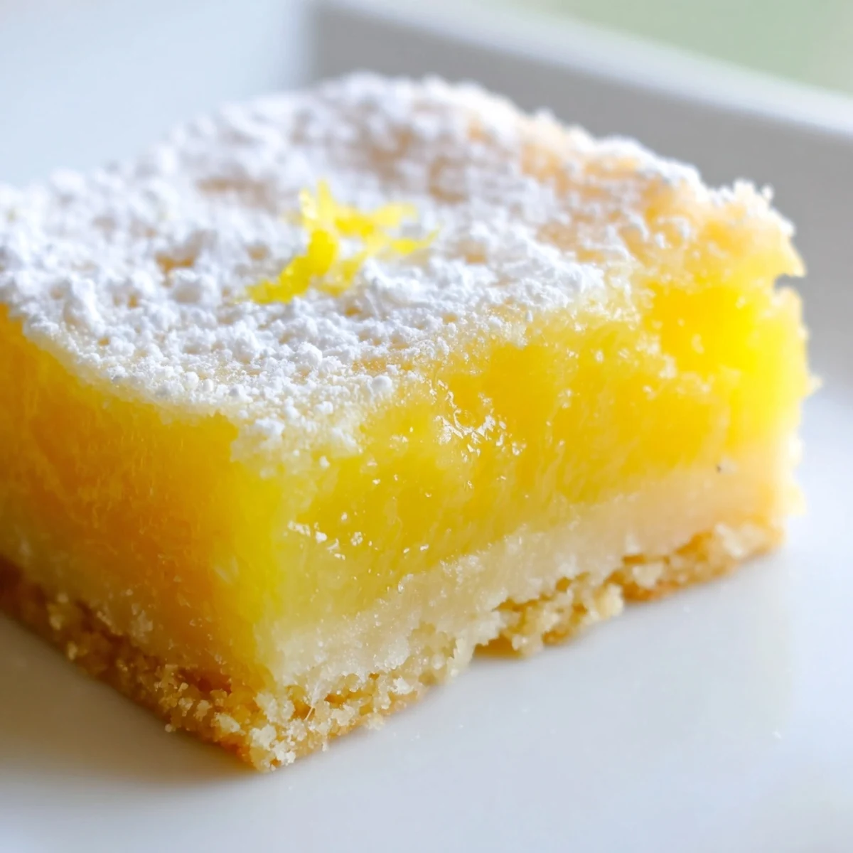 Bright yellow lemon bar squares with buttery shortbread crust on a ceramic plate
