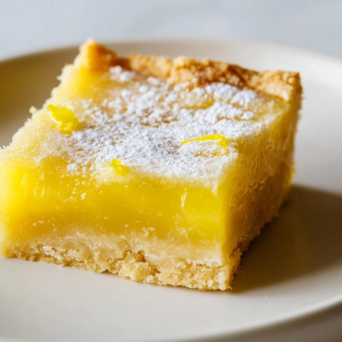 Tangy lemon bars sliced into neat squares topped with a snowy powdered sugar layer
