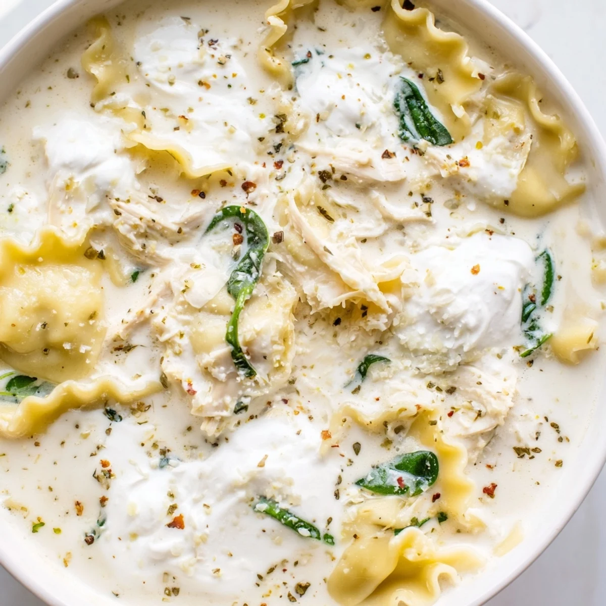 Steaming bowl of white lasagna soup topped with grated Parmesan and fresh cracked pepper