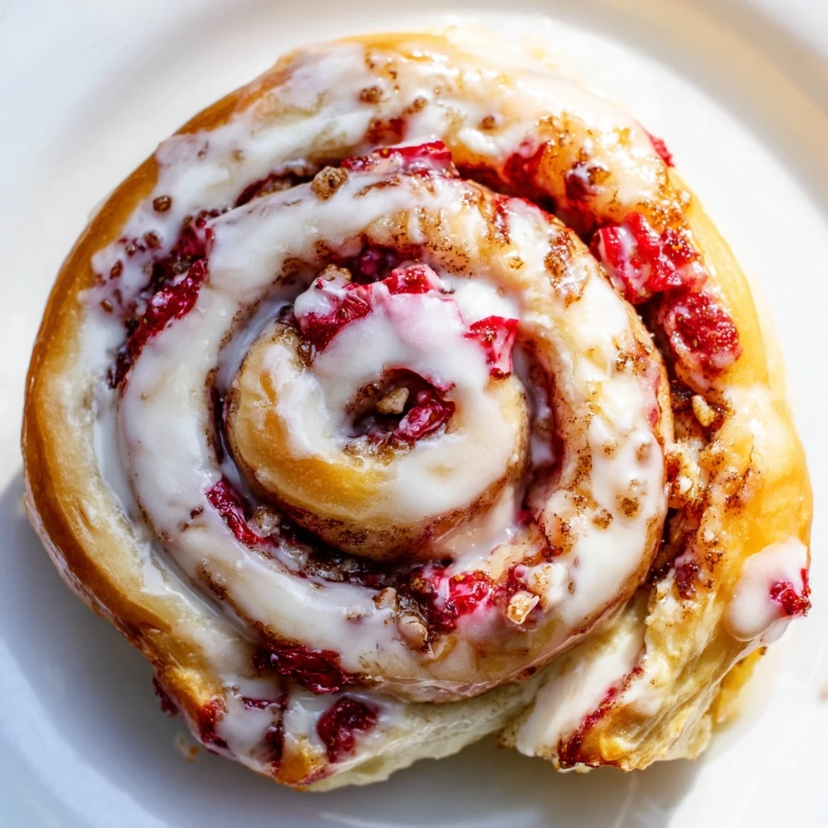 Golden Strawberry Cheesecake Cinnabon Rolls drizzled with creamy vanilla glaze on white plate