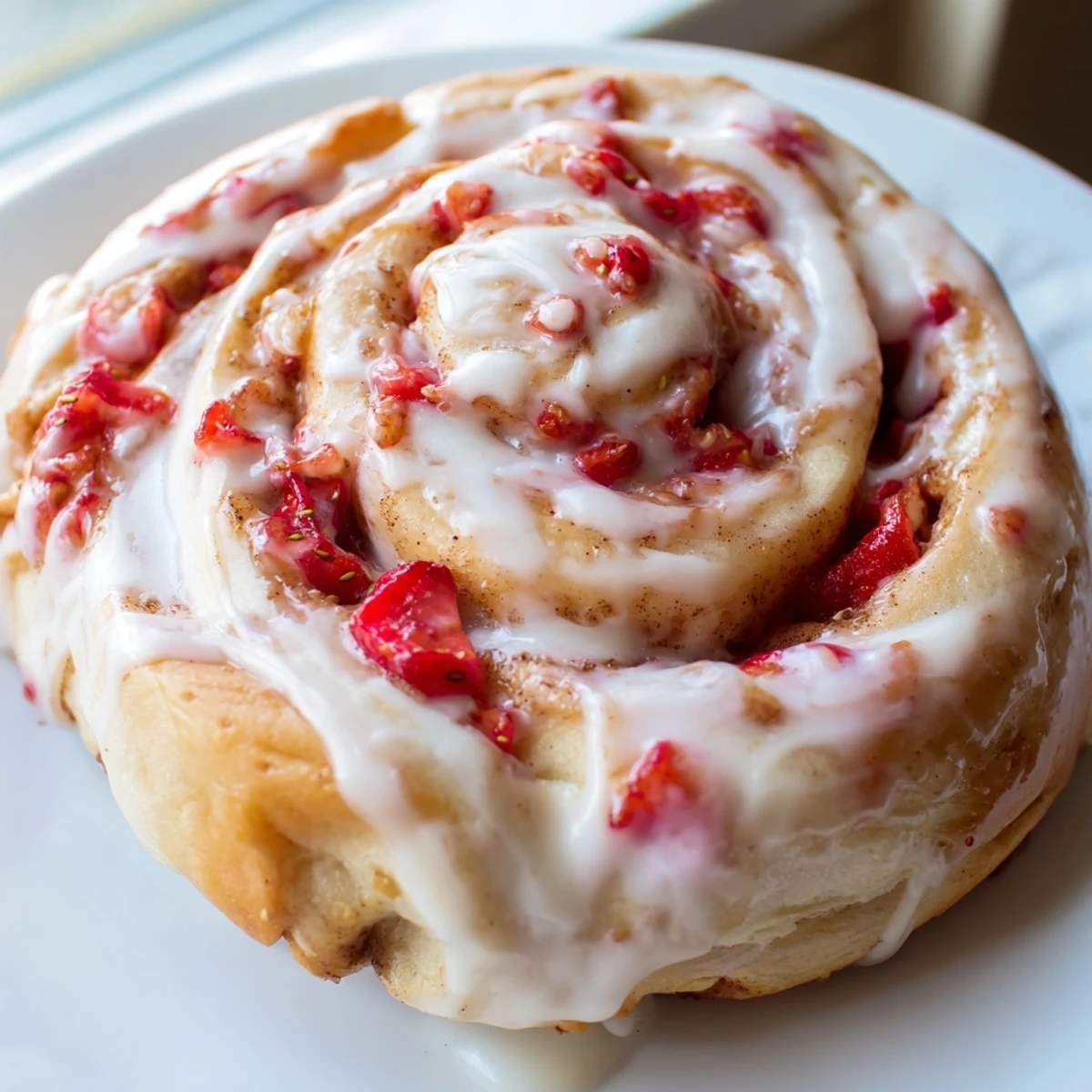 Swirled Strawberry Cheesecake Cinnabon Rolls with ruby red berries and luscious cream cheese frosting