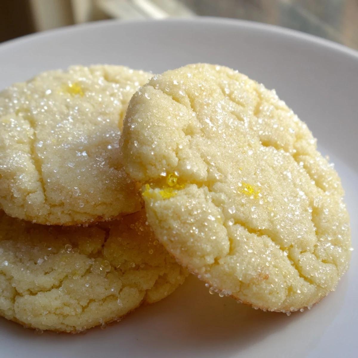 Golden lemon sugar cookies with crackly sugar coating arranged on a rustic white baking sheet