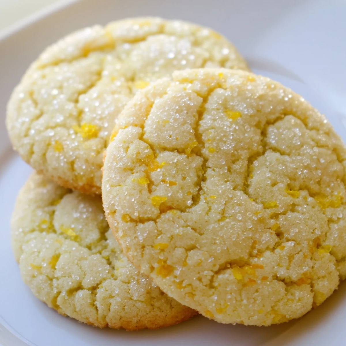 Chewy lemon sugar cookies with bright zest flecks served on a decorative ceramic plate
