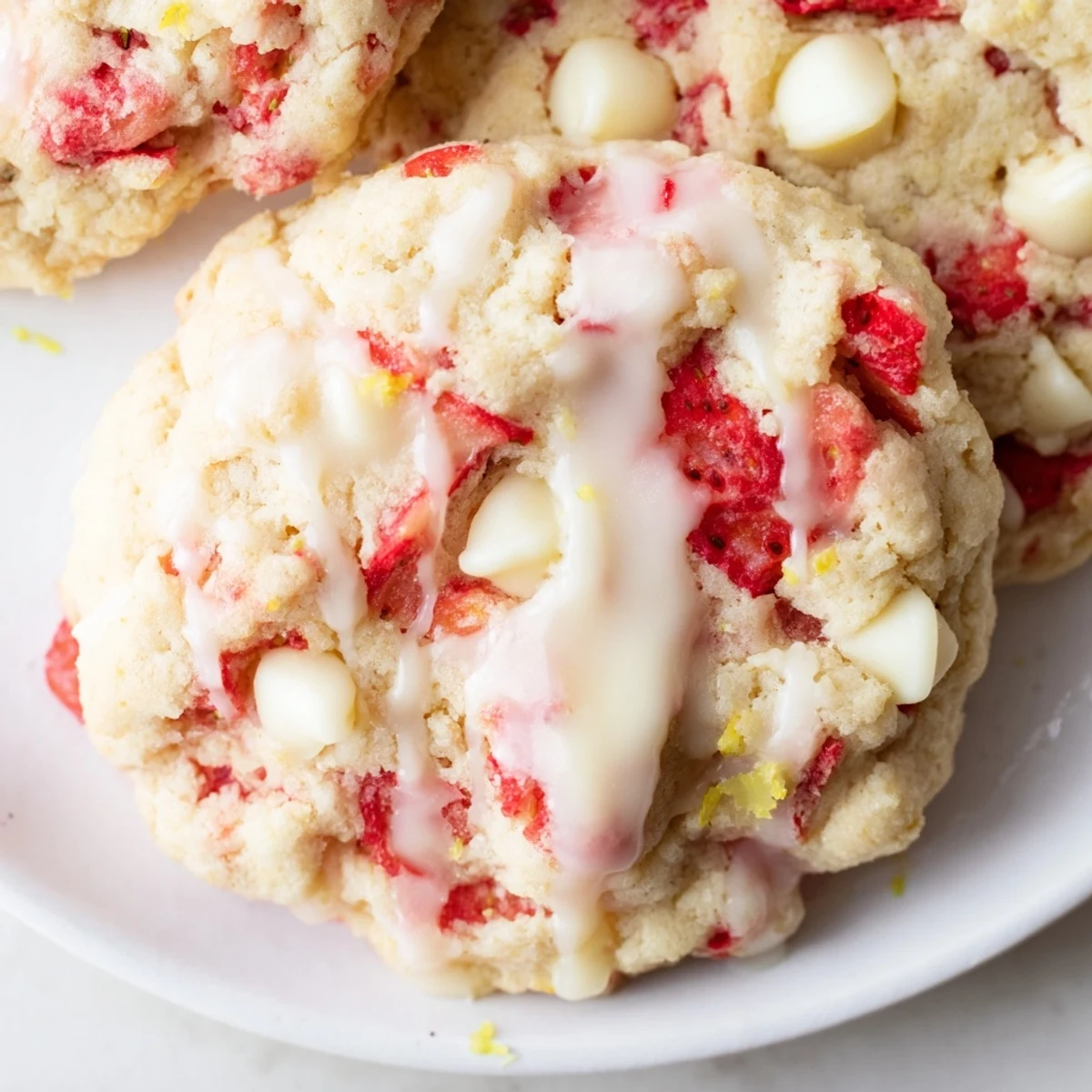 Soft strawberry lemonade cookies with pink flecks drizzled in sweet tangy lemon glaze