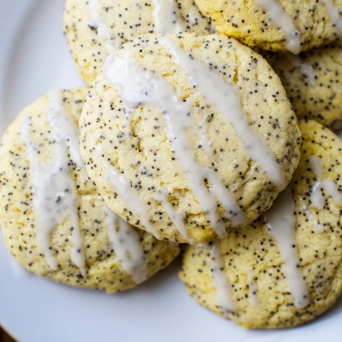 Golden lemon poppy seed cookies with crackly tops arranged on a rustic white ceramic plate