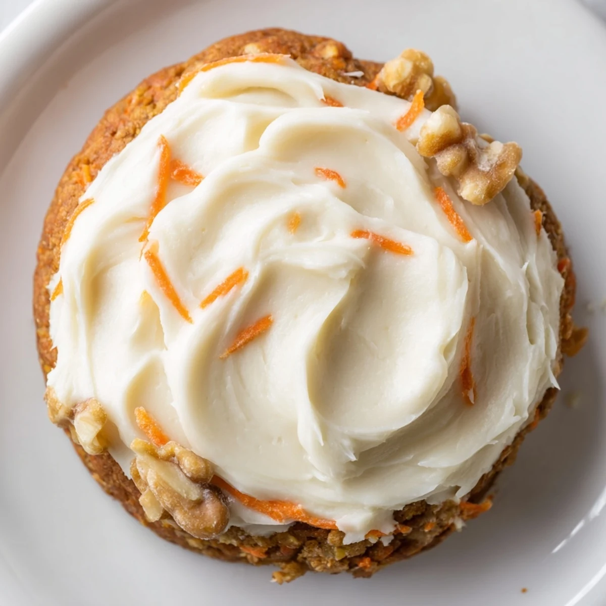 Thick spiced Crumbl carrot cake cookies with swirled cream cheese frosting on rustic parchment
