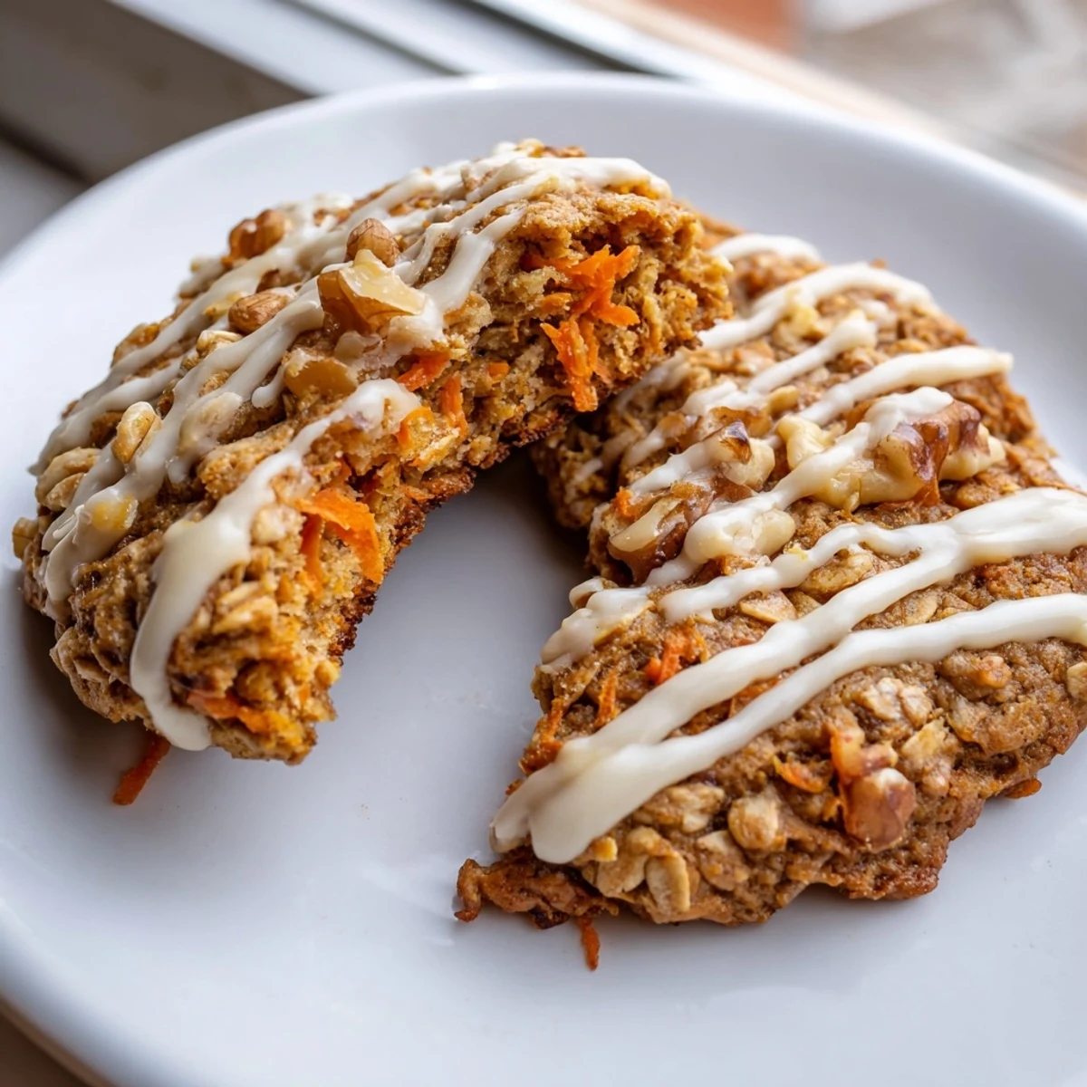 Soft Chewy Brown Butter Carrot Cake Cookies with cream cheese glaze drizzle stacked on a white ceramic plate