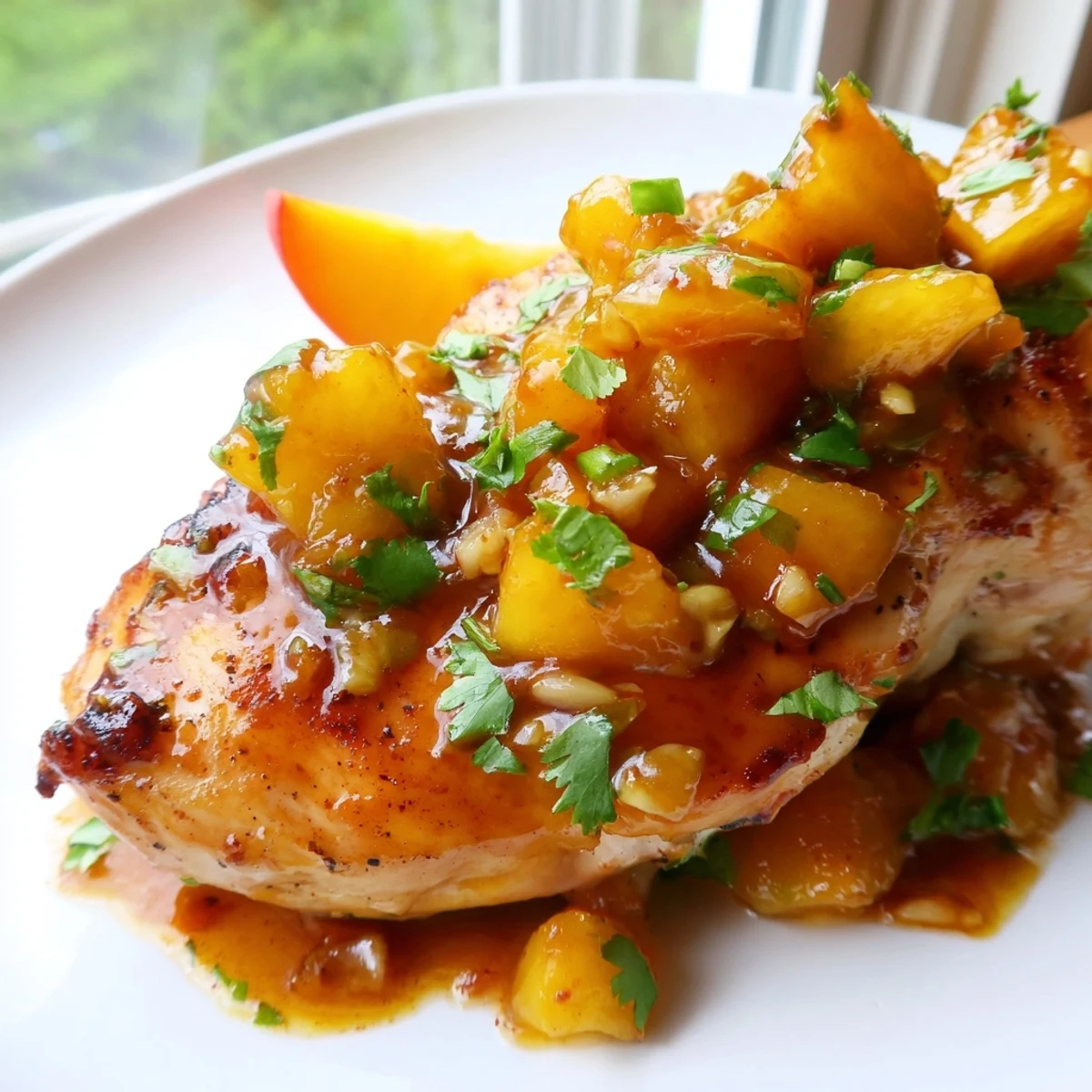 Golden seared jalapeno peach chicken breasts glazed with glossy sweet-spicy sauce on a white plate