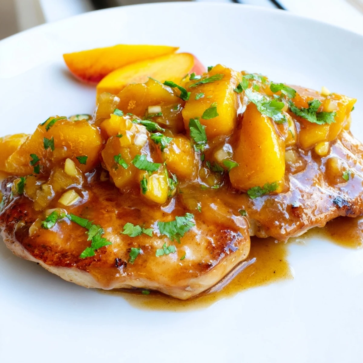Juicy jalapeno peach chicken topped with caramelized peach slices and fresh green cilantro garnish