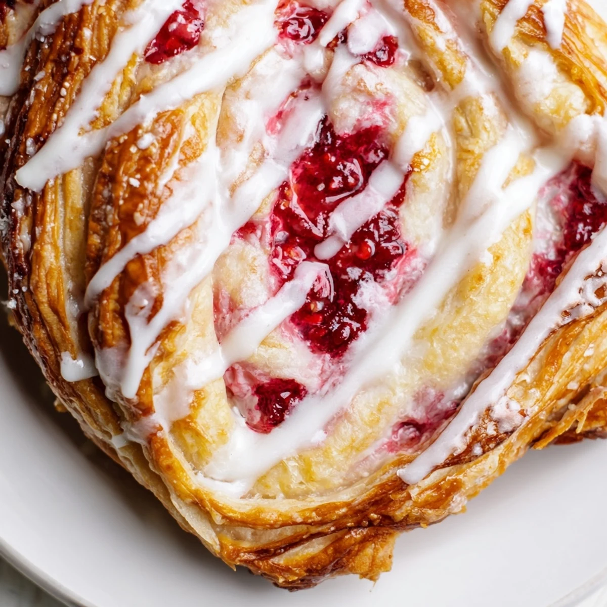 Golden sourdough discard raspberry cream cheese danishes drizzled with sweet vanilla glaze on a rustic baking sheet