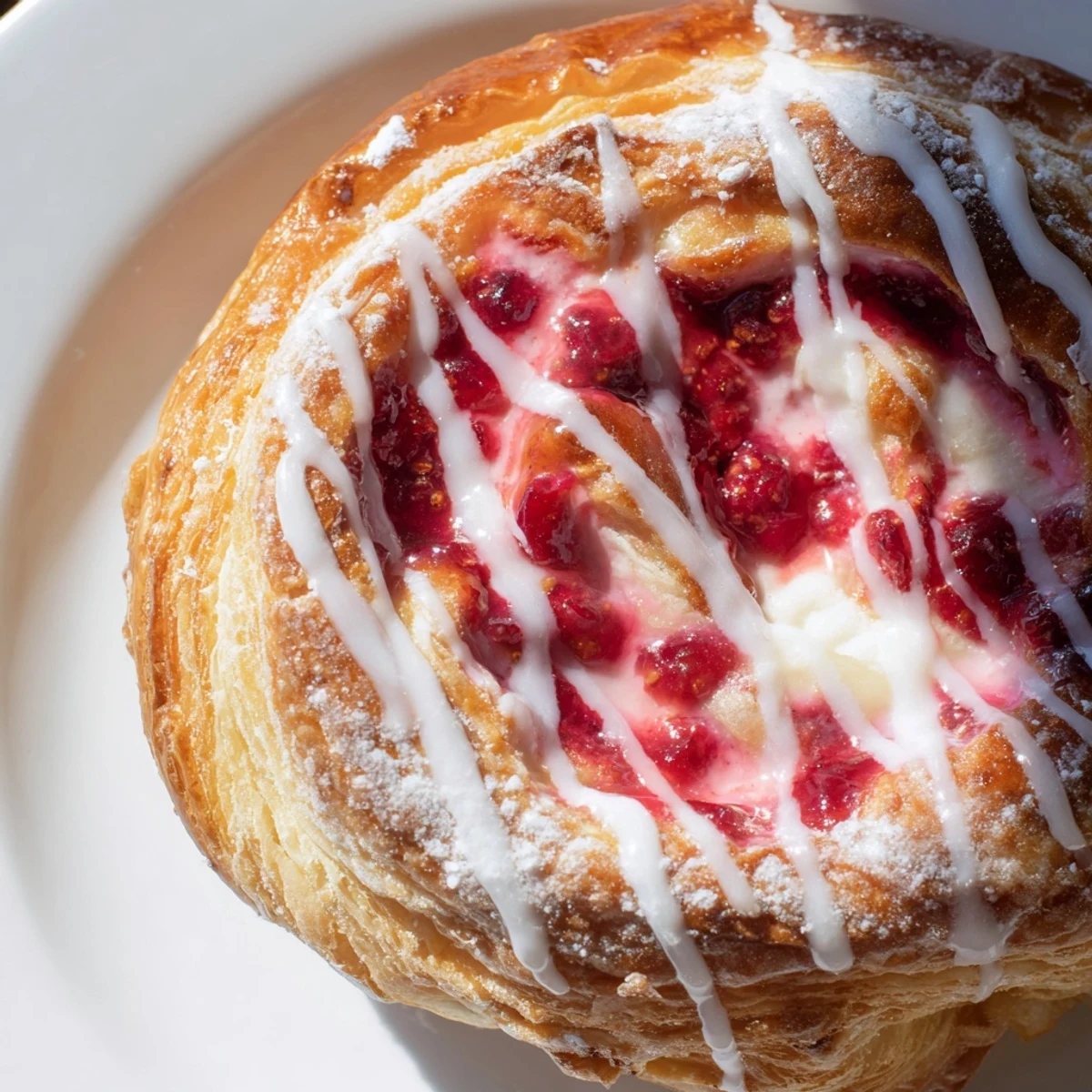Flaky pastries filled with tangy cream cheese and bright red raspberries dusted with powdered sugar