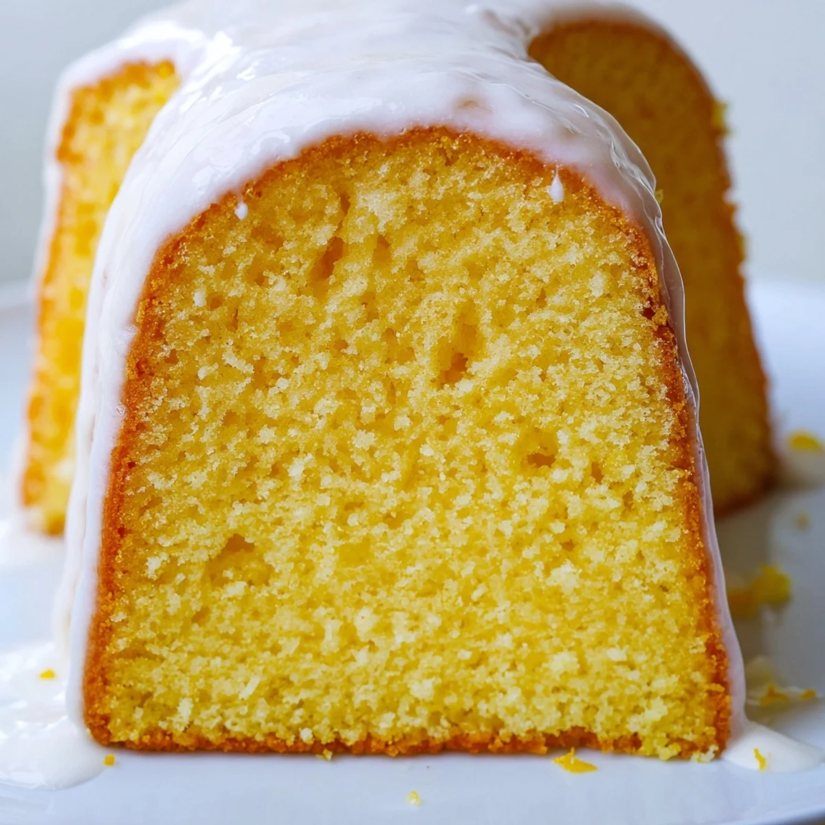 Golden Church Cake with vanilla glaze drizzled over moist tender sponge ready to slice