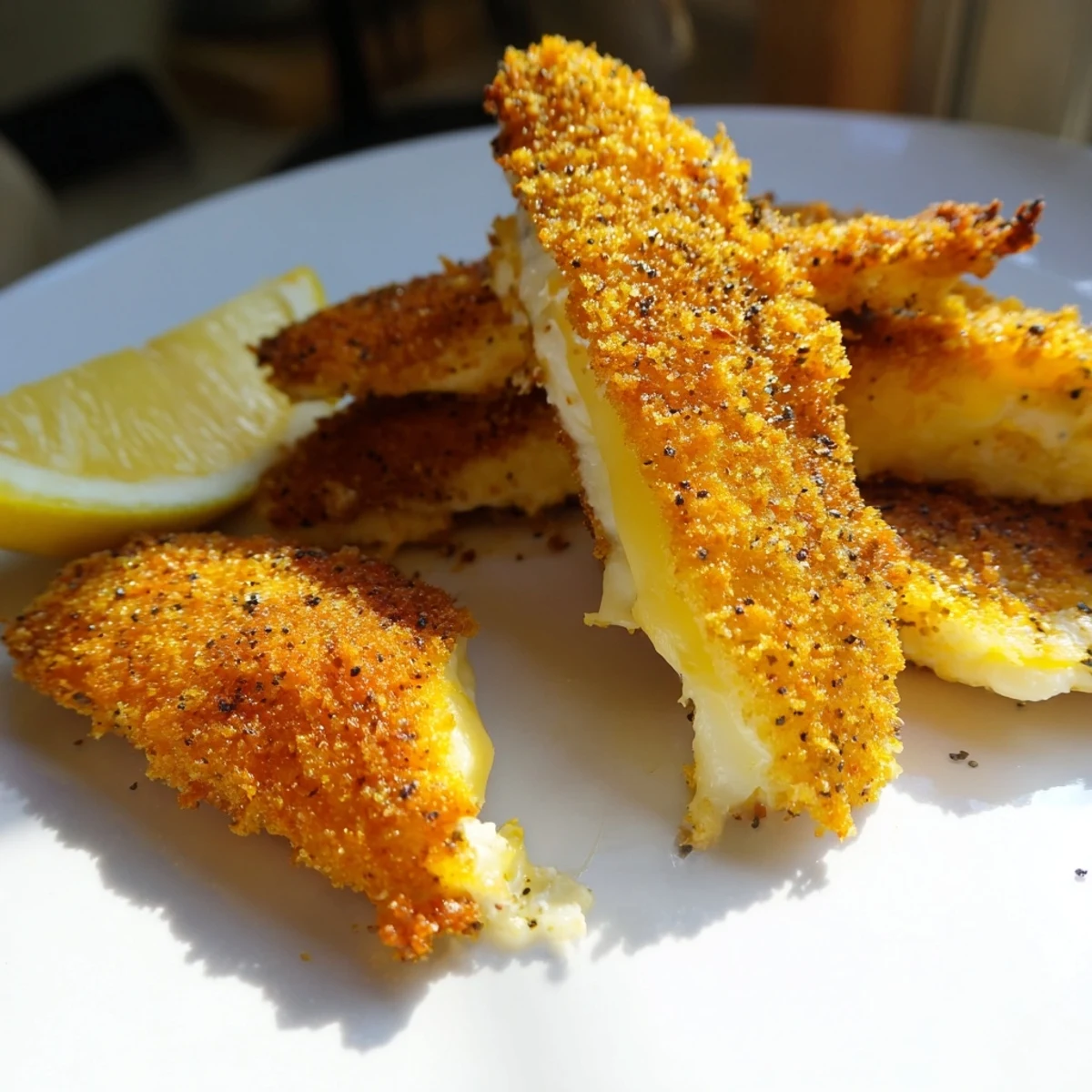 Golden crispy Greek fried cheese sizzling in skillet with fresh lemon wedges