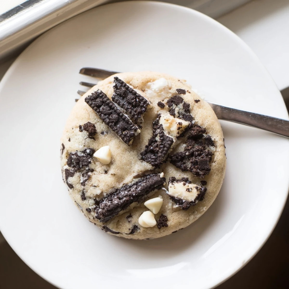 Soft chewy cookies and cream cookie with white chocolate chips on rustic wooden board