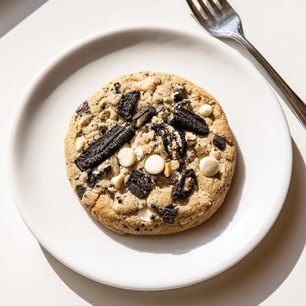 Warm cookies and cream cookie fresh from oven with golden edges and melty chips