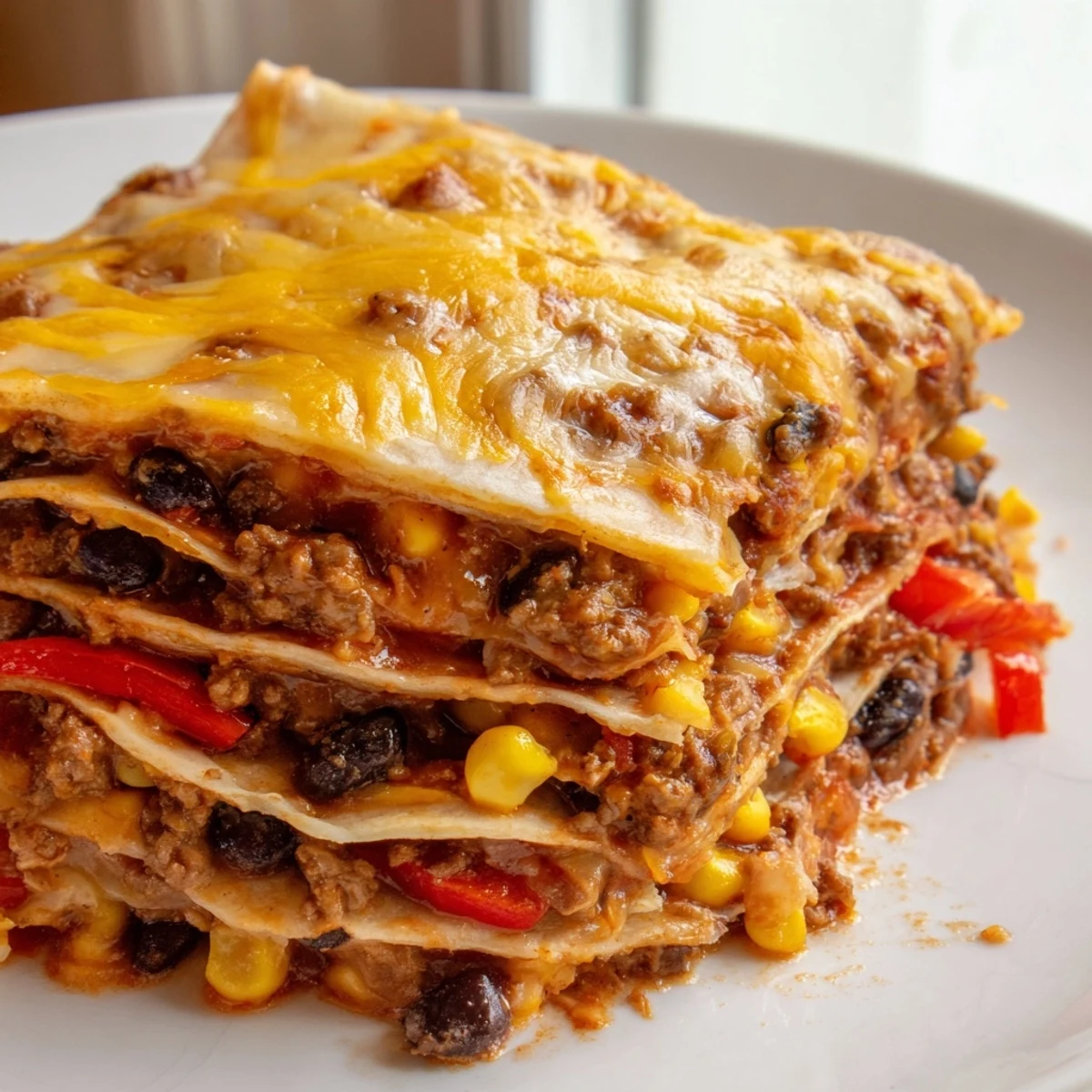 Golden melted cheese tops this hearty Mexican lasagna with layers of seasoned beef