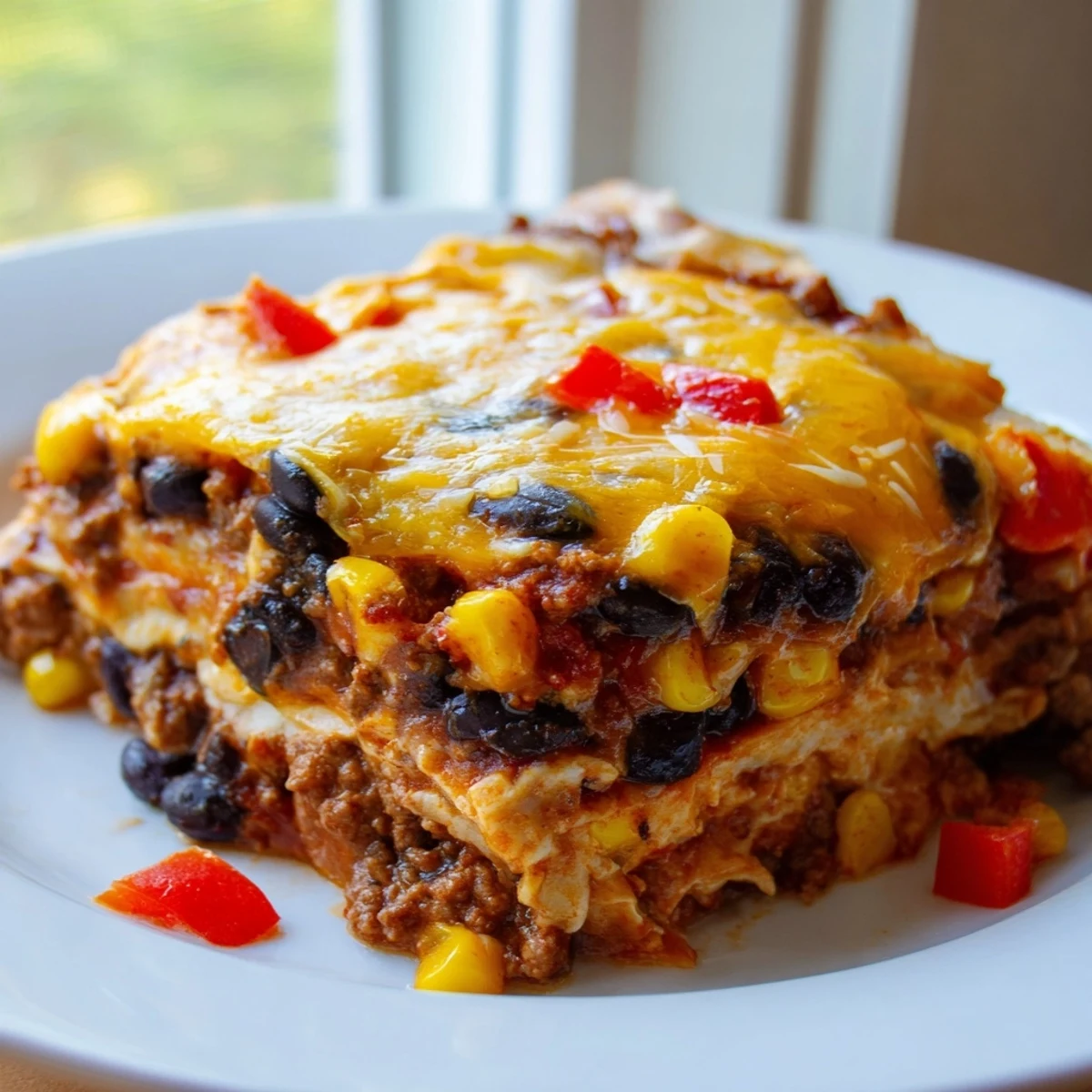 Mexican lasagna baked in a casserole dish with bubbling cheese and colorful peppers