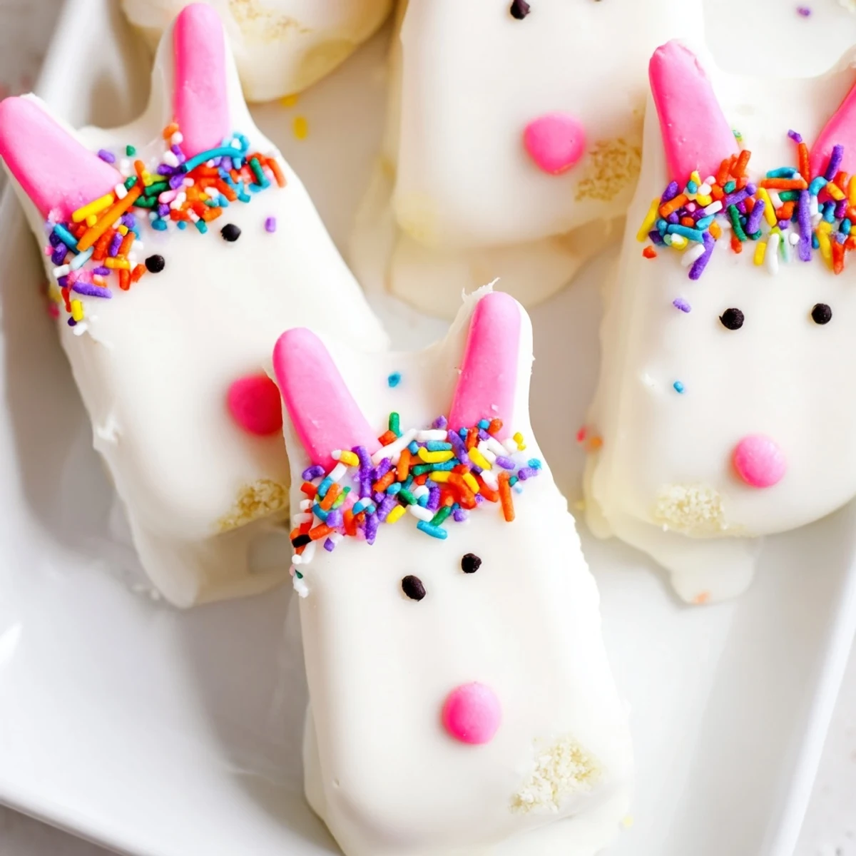 Adorable white chocolate bunny cakesicles with candy eyes and pink ears on wooden serving board
