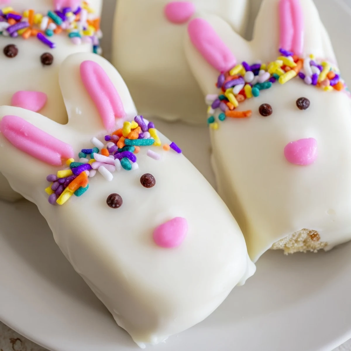 Creamy white chocolate bunny cakesicles decorated with sprinkles for festive Easter dessert celebration
