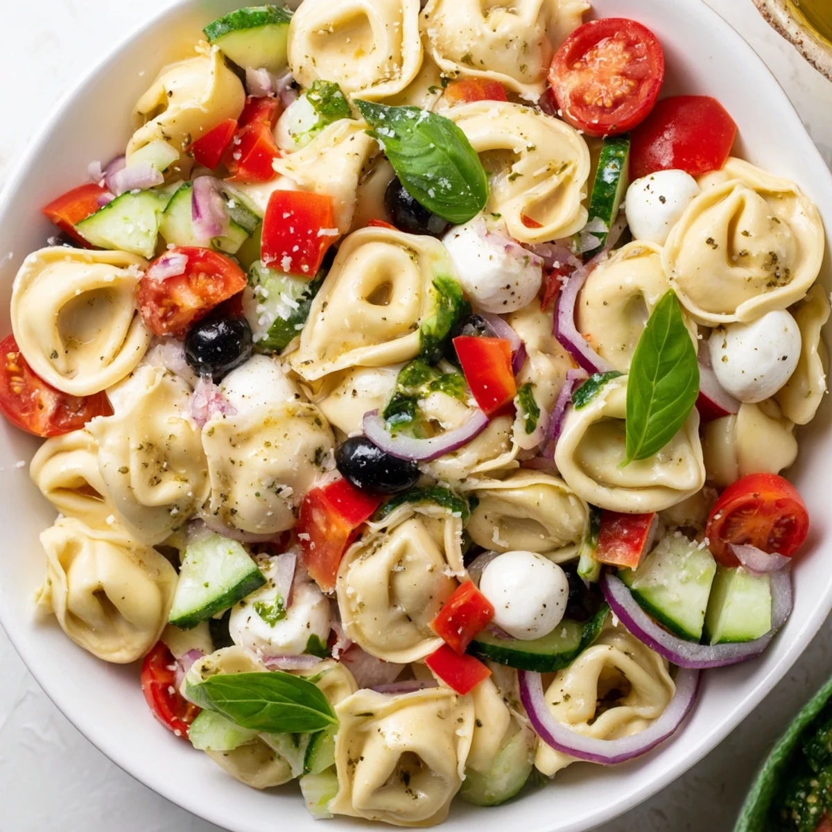 Colorful tortellini salad tossed with crisp vegetables and creamy mozzarella in zesty Italian dressing