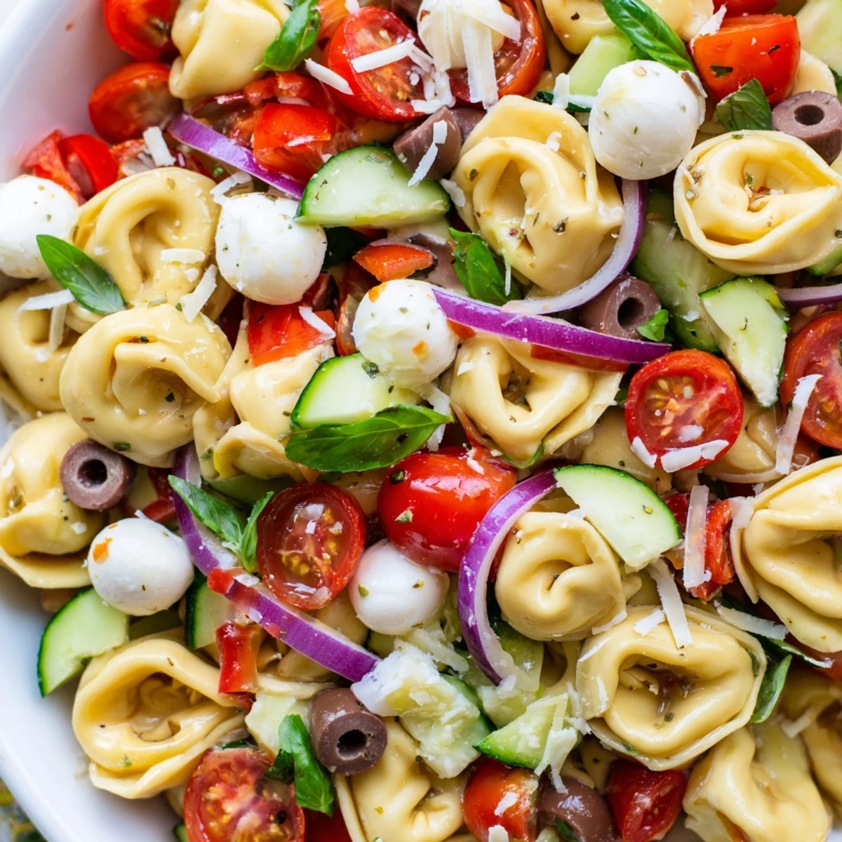 Cheese-filled tortellini salad loaded with cherry tomatoes, cucumber, and olives in a tangy vinaigrette
