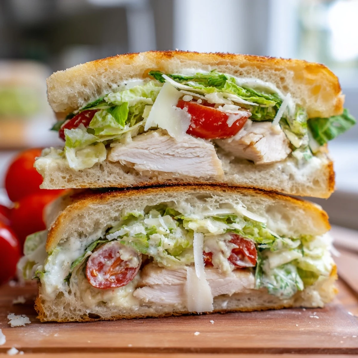 Juicy sliced chicken tops this crispy Chicken Caesar Sandwich with creamy Parmesan dressing