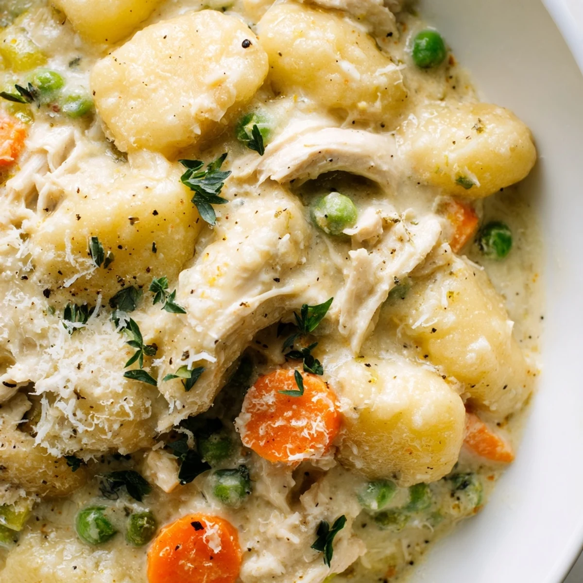 Creamy one pot gnocchi chicken pot pie in a golden skillet with tender vegetables