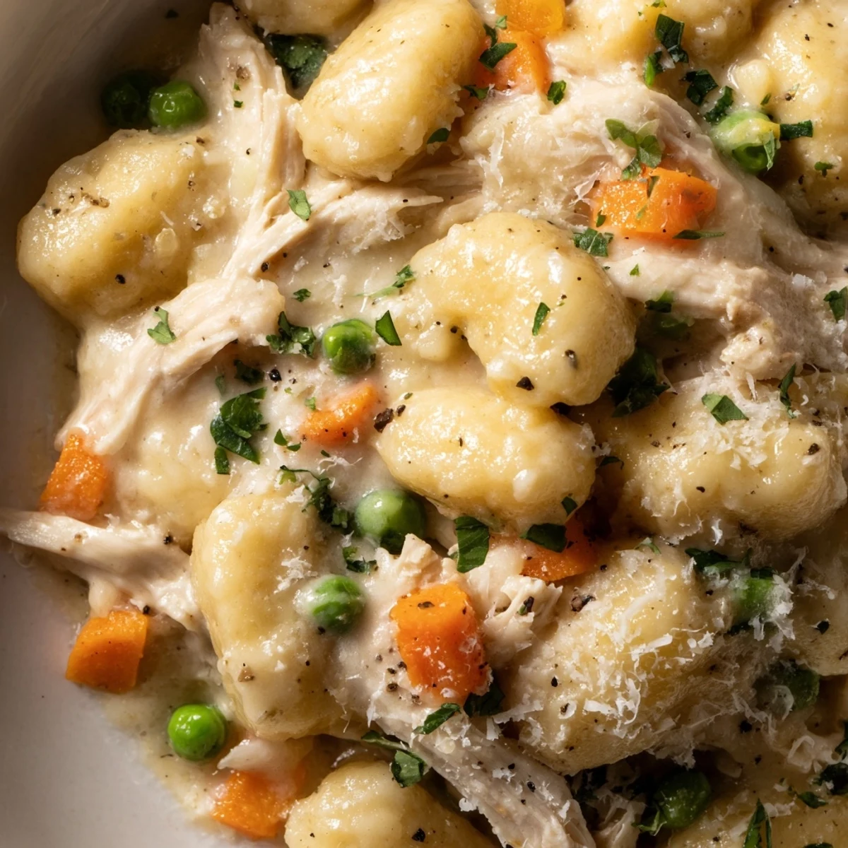 One pot gnocchi chicken pot pie topped with fresh parsley and melted Parmesan