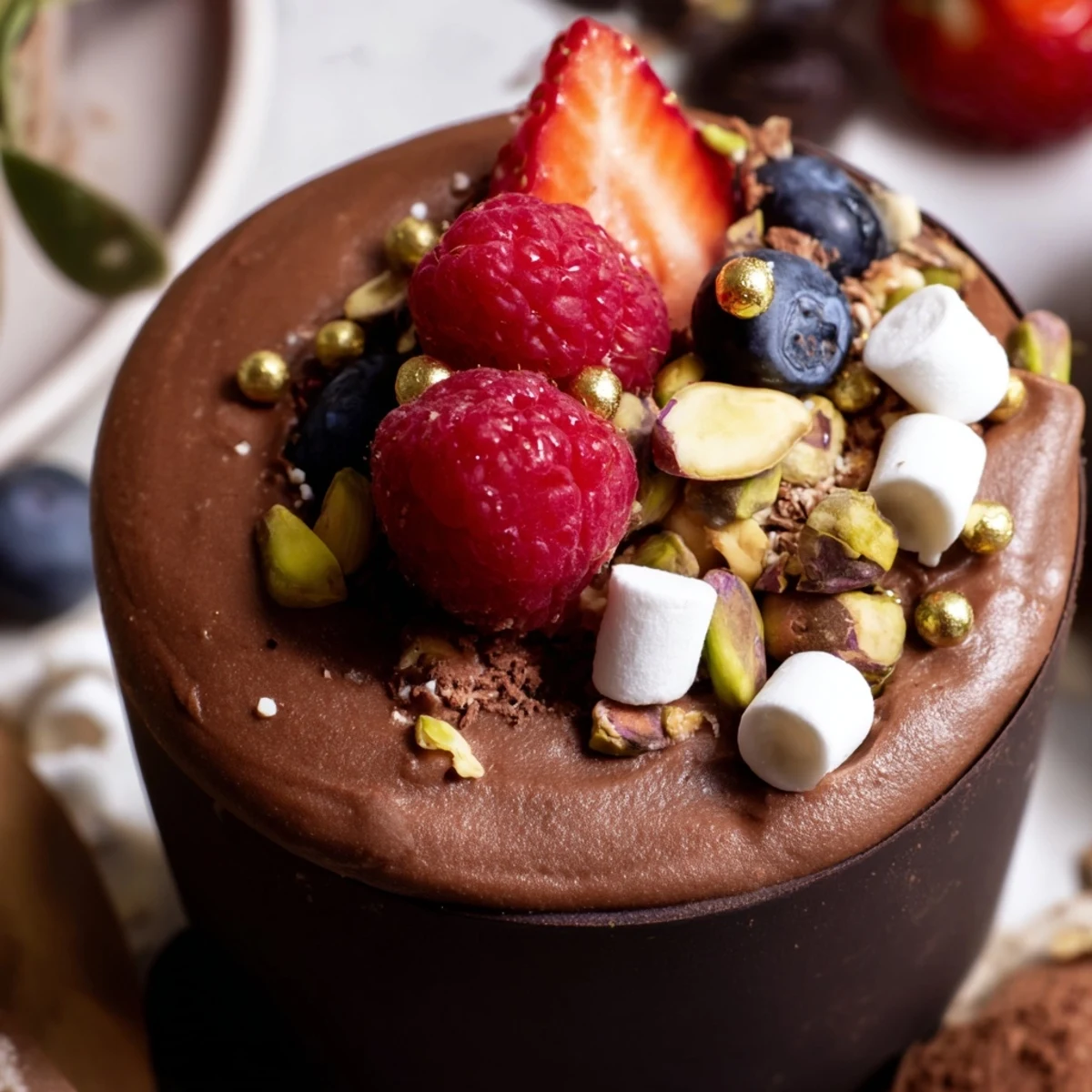 Decadent chocolate grazing cups filled with silky mousse and topped with fresh berries and nuts