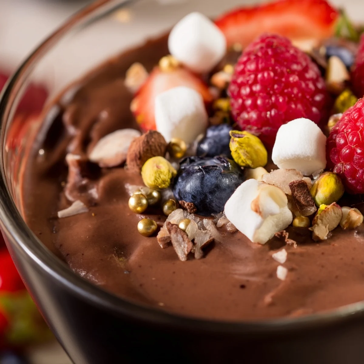 Rich chocolate mousse cups garnished with vibrant mixed berries and crunchy nut toppings