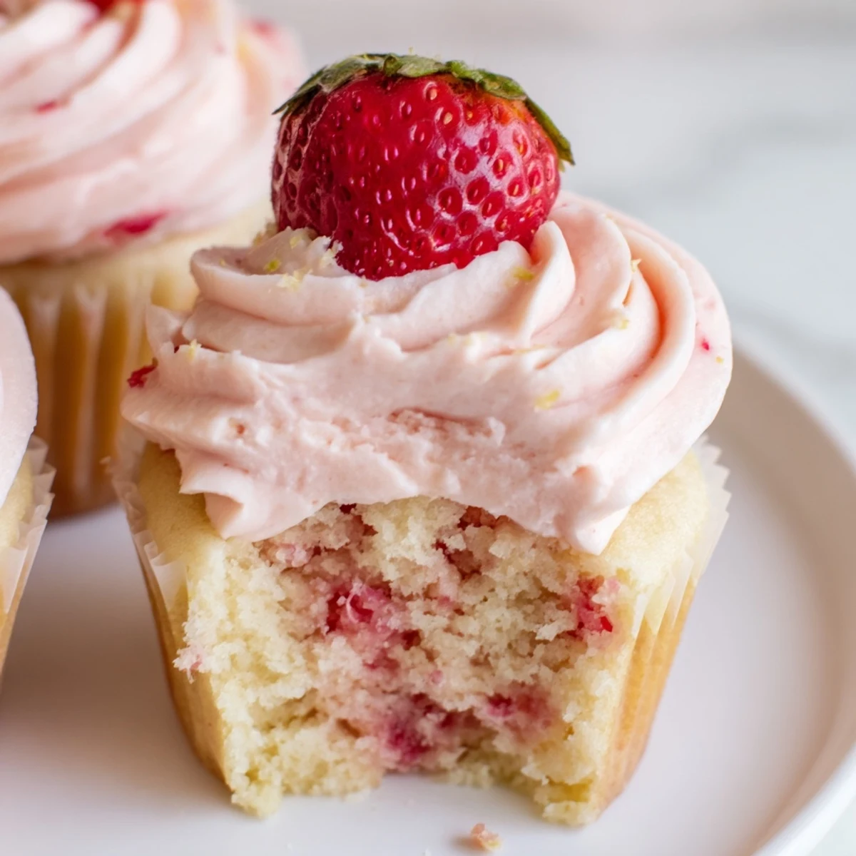 Strawberry Lemonade Cupcakes topped with pink buttercream frosting and fresh berry garnish on rustic backdrop
