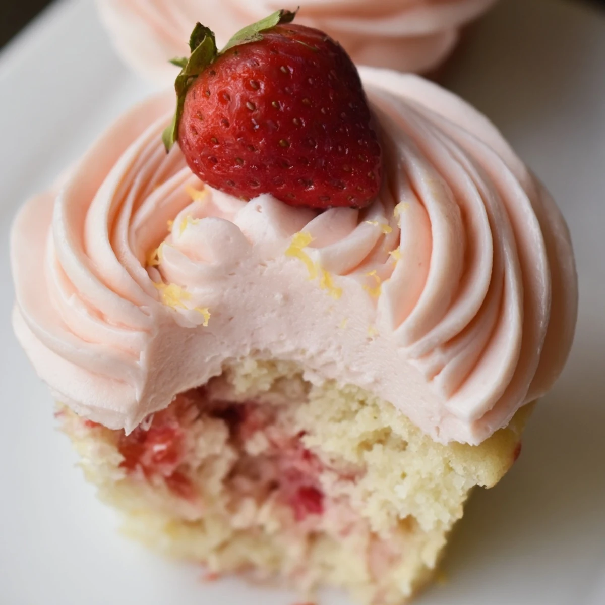 Golden Strawberry Lemonade Cupcakes with swirled lemon-strawberry frosting ready for a summer party celebration