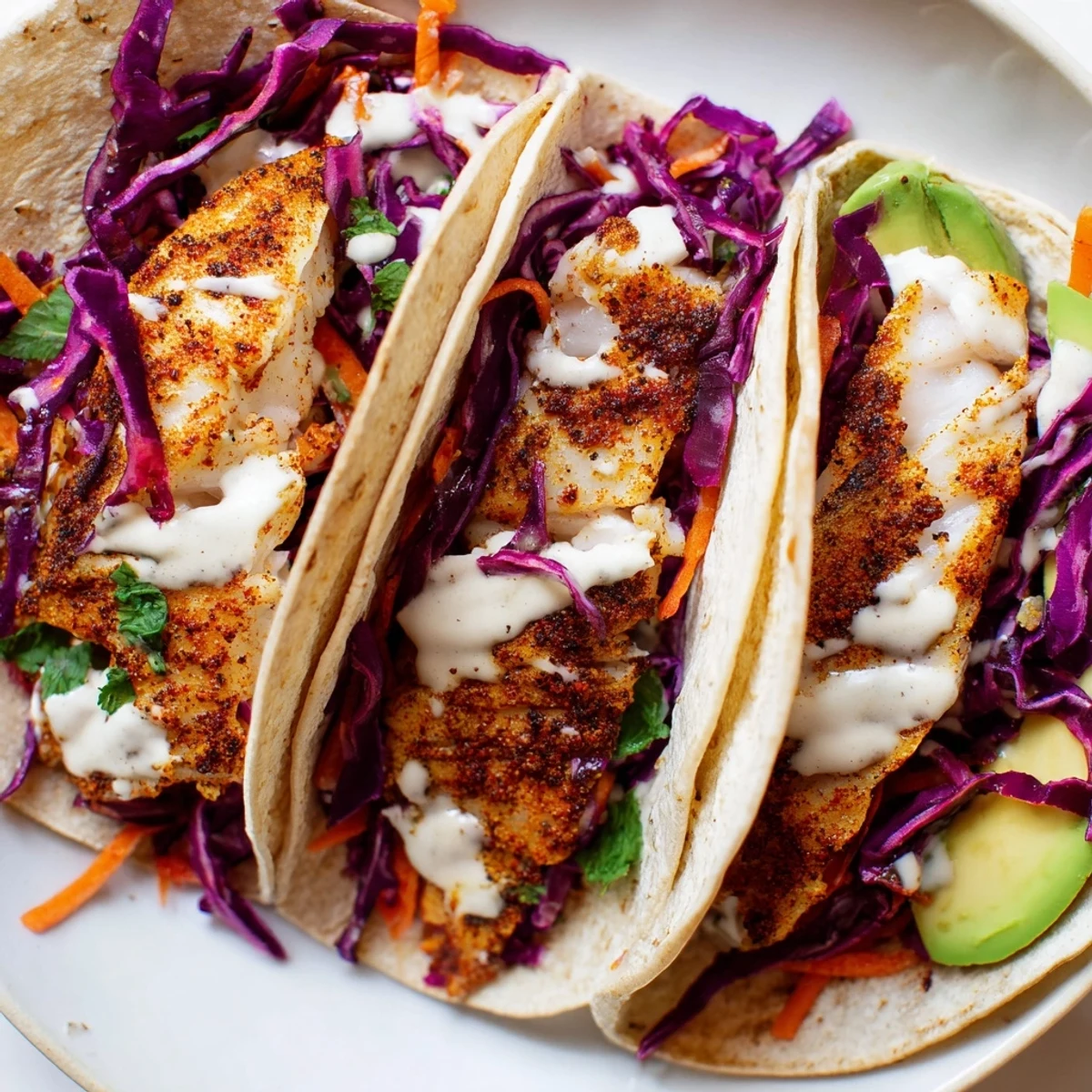 Warm tortillas filled with flaky tilapia fish tacos, fresh slaw, and zesty sauce