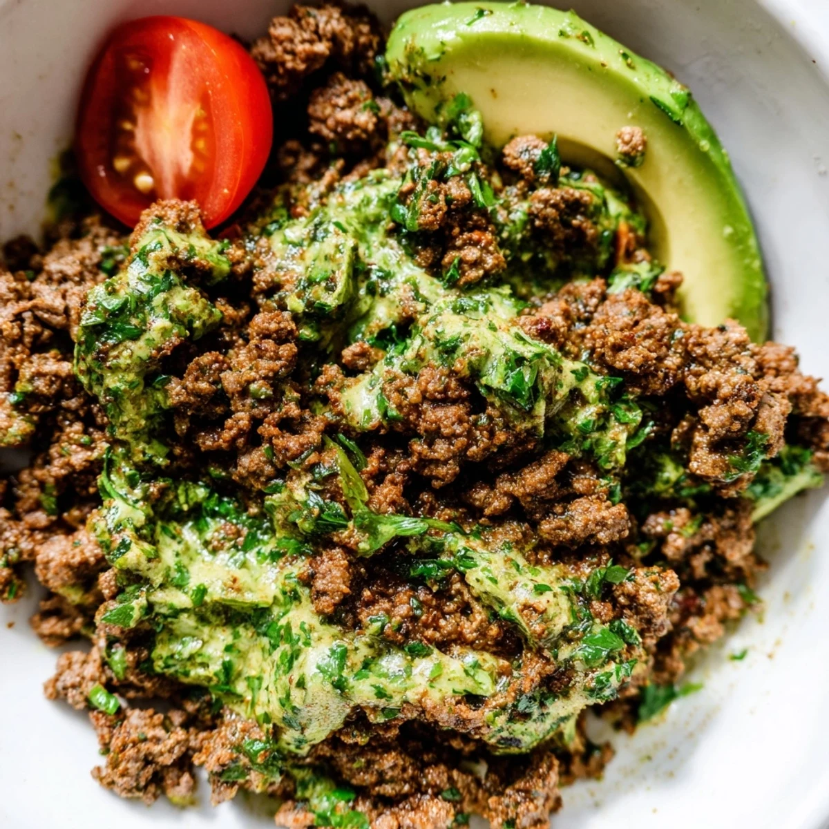 Chimichurri ground beef bowls with seasoned meat, fresh herbs, and colorful vegetables over fluffy white rice