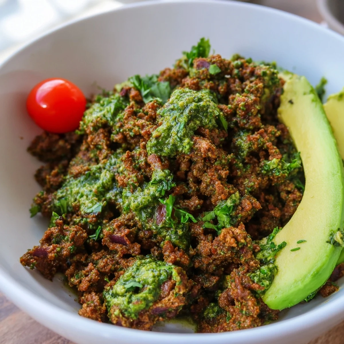 Golden spiced ground beef topped with vibrant green chimichurri sauce served in a rustic bowl