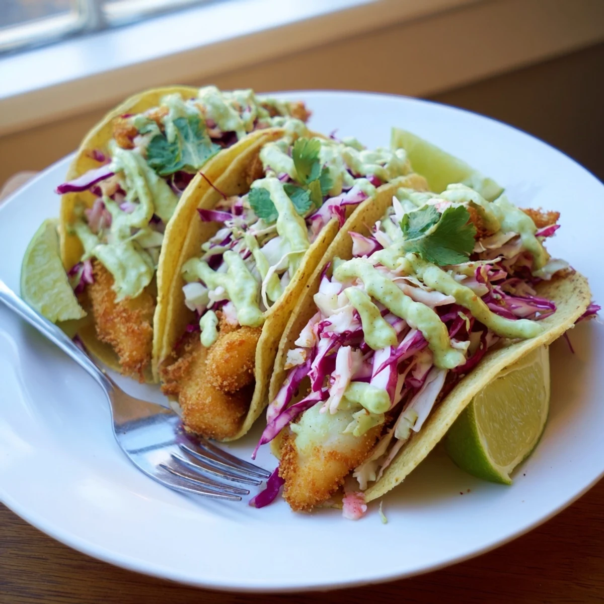 Beer-battered fish in warm corn tortillas with tangy slaw and rich green avocado crema sauce