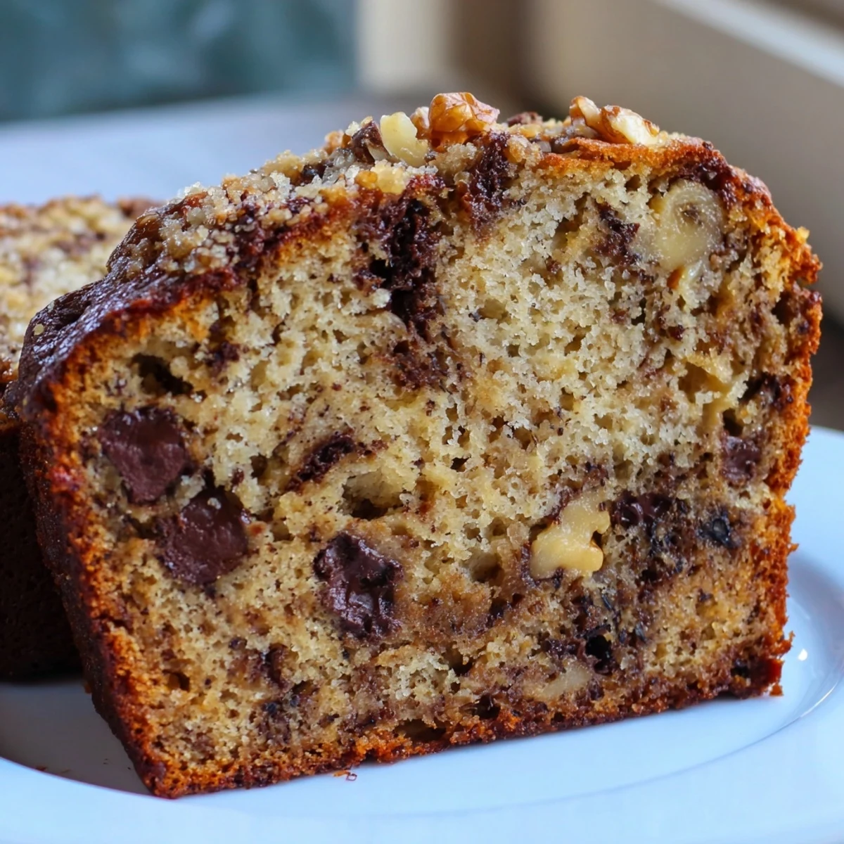 Golden super moist banana bread sliced thick on a rustic wooden cutting board