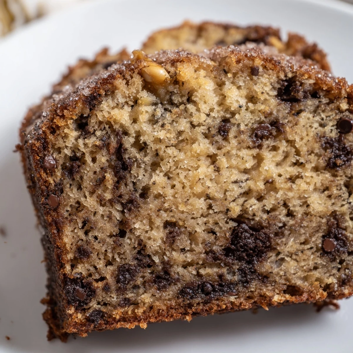 Warm super moist banana bread with a crackly cinnamon sugar topped crust