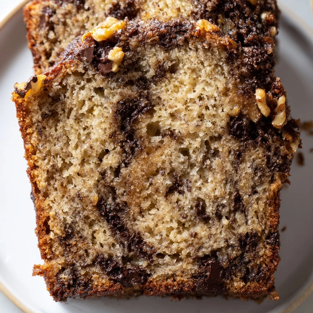 Tender super moist banana bread loaf studded with walnuts and chocolate chips