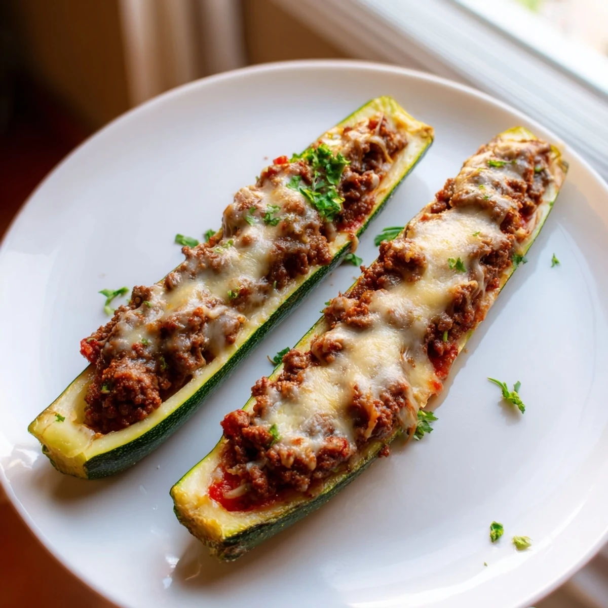Golden melted cheese tops hearty stuffed zucchini boats with savory ground beef filling