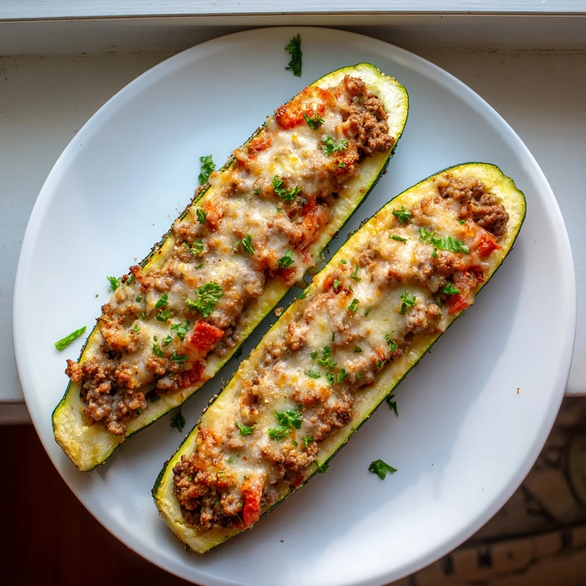 Baked zucchini halves overflowing with seasoned ground beef tomatoes and bubbling mozzarella